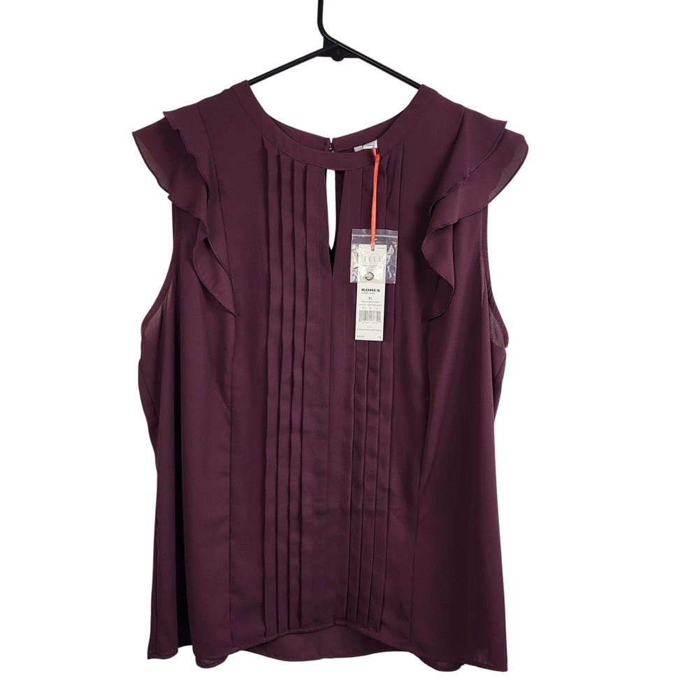 NWT ELLE Womens XL Plum Sleeveless Blouse Ruffle‎ Pleated Keyhole Top